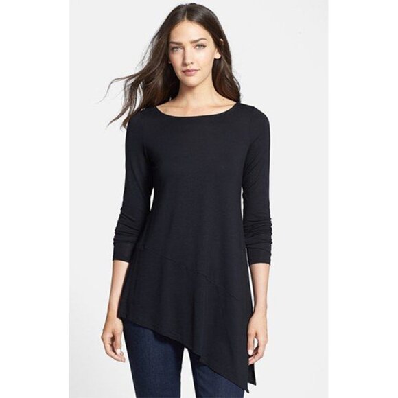 NEW Eileen Fisher Bateau Neck Asymmetrical Jersey Tunic Shirt Slant Hem Black XS - Picture 1 of 8